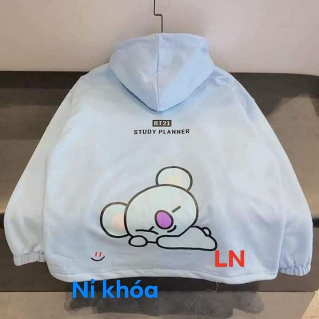 Áo khoác nỉ khoá mũ trùm in động vật hoạt hình