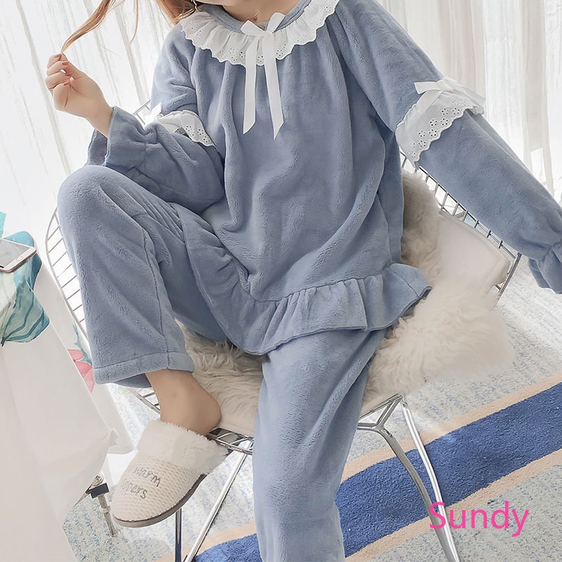 Bộ Đồ Ngủ Dài Tay Bằng Lông Cừu Thời Trang Mùa Thu Đông Dành Cho Nữ