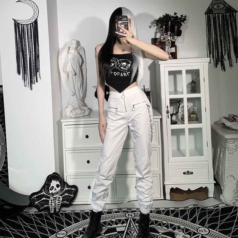 Quần Jogger Lưng Cao Phối Dây Xích Kim Loại Phong Cách Hip Hop Harajuku Cá Tính Cho Nữ