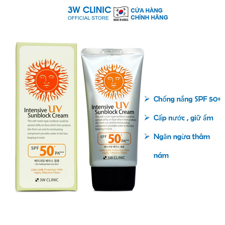Kem chống nắng 3W Clinic Intensive UV Sunblock Cream Hàn Quốc SPF 50 PA+++ 70ml