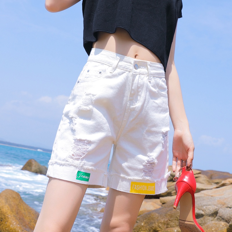 Quần Short Denim Trắng Lưng Cao Ống Rộng Mẫu Mới Mùa Hè Năm 2021 Phong Cách Hàn Quốc Cho Nữ