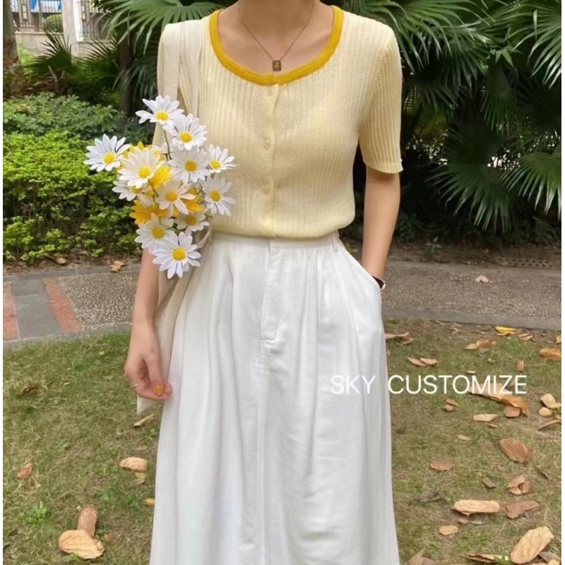 Áo mông tơ ghi cổ viền tròn tay lỡ