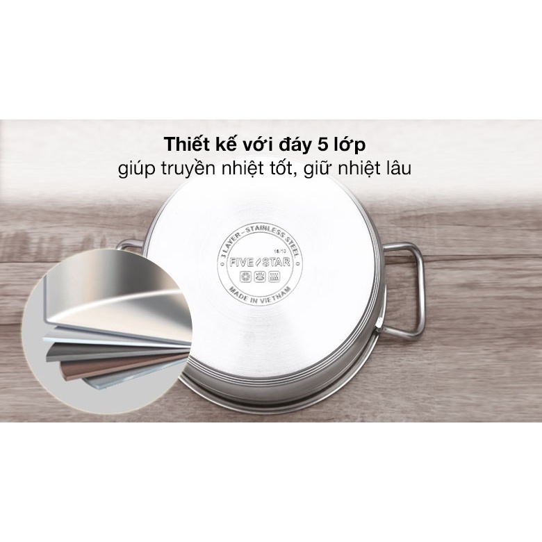 Nồi 5 đáy inox 304 cao cấp Fivestar Plush nắp kính , dùng tốt mọi bếp size 16/18/20/24cm