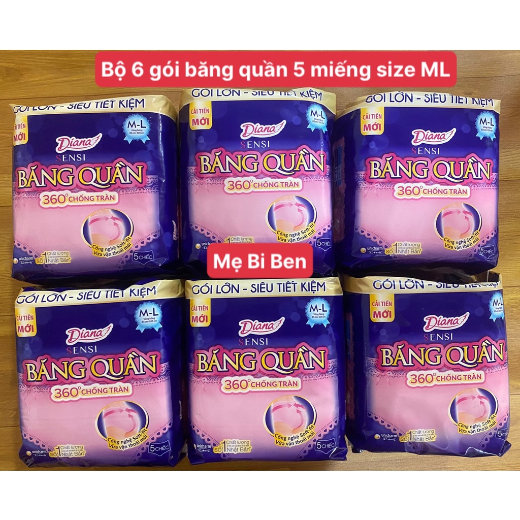 [Bộ 6/10 gói 5 miếng] Băng Vệ Sinh Ban Đêm Dạng Quần Diana Size M-L/5 Miếng - Chính Hãng Gói Lớn Tiết Kiệm