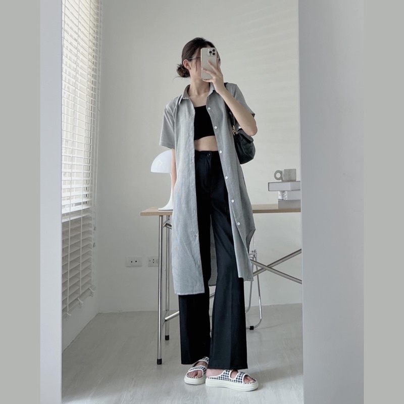 Váy đầm sơ mi kẻ caro nhỏ vạt bầu tôn dáng phong cách Hàn Quốc Aimee closet