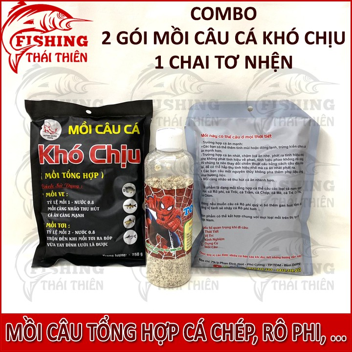 Combo 2 Gói Mồi Câu Cá Khó Chịu Đen, 1 chai tơ nhện dùng vuốt mồi câu chuyên câu cá chép, rô phi,...