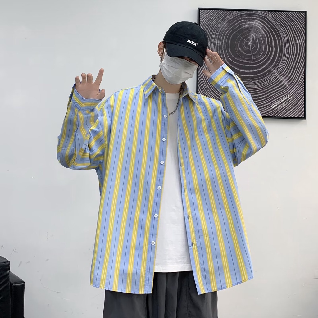 Áo Sơ Mi Nam Dài Tay Dáng Rộng Họa Tiết Sọc Dọc Màu Tương Phản Thời Trang