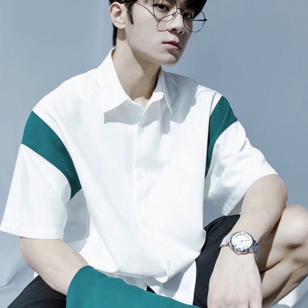 Áo Sơ Mi Trắng Tay Ngắn Phối Màu Xanh/Nâu Nam Premium Unisex Chất Vải Dày Đẹp Hot Trend Mr Smile 99 Shop