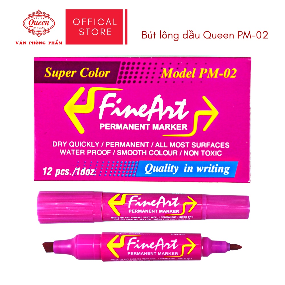 Bút lông dầu Queen  - CHÍNH HÃNG - Hai Đầu Vuông Tròn - Màu Xanh Dương/Đen/Đỏ/Xanh Lá/Hồng Sen - PM02