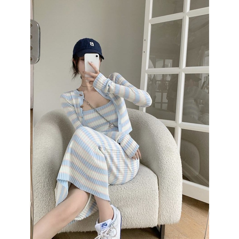 Fried street fashion, foreign style, small fragrant style professional suit, autumn and winter style cardigan, sling knitted dress, two sets of fashion