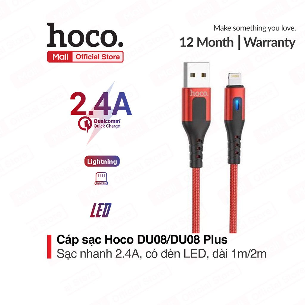 Cáp Hoco DU08/DU08 Plus Lightning USB dành cho iPhone/iPad, sạc nhanh 2.4A, dây bọc dù chống đứt ,có đèn LED, dài 1m/2m