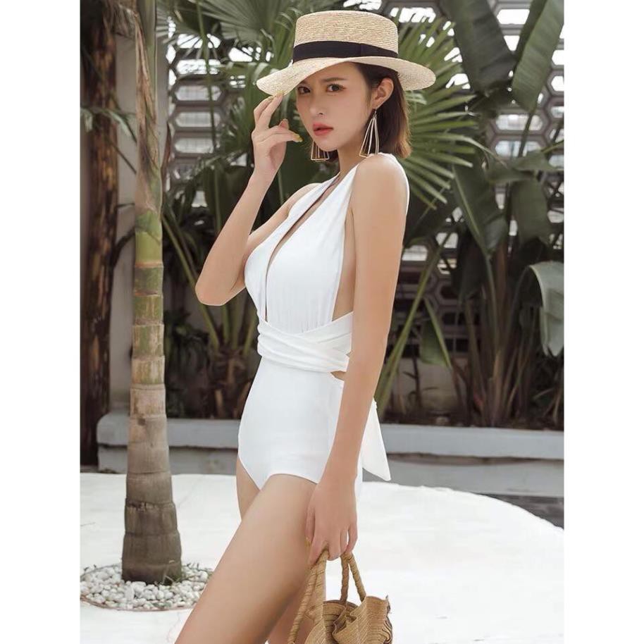 Bikini liền thân hai mảnh hở ngực, nơ dài buộc eo quyến rũ - Eva Shop 😍