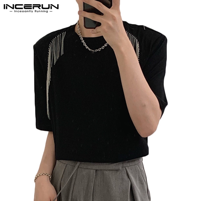 Áo thun INCERUN tay ngắn cổ tròn phối tua rua thời trang cho nam