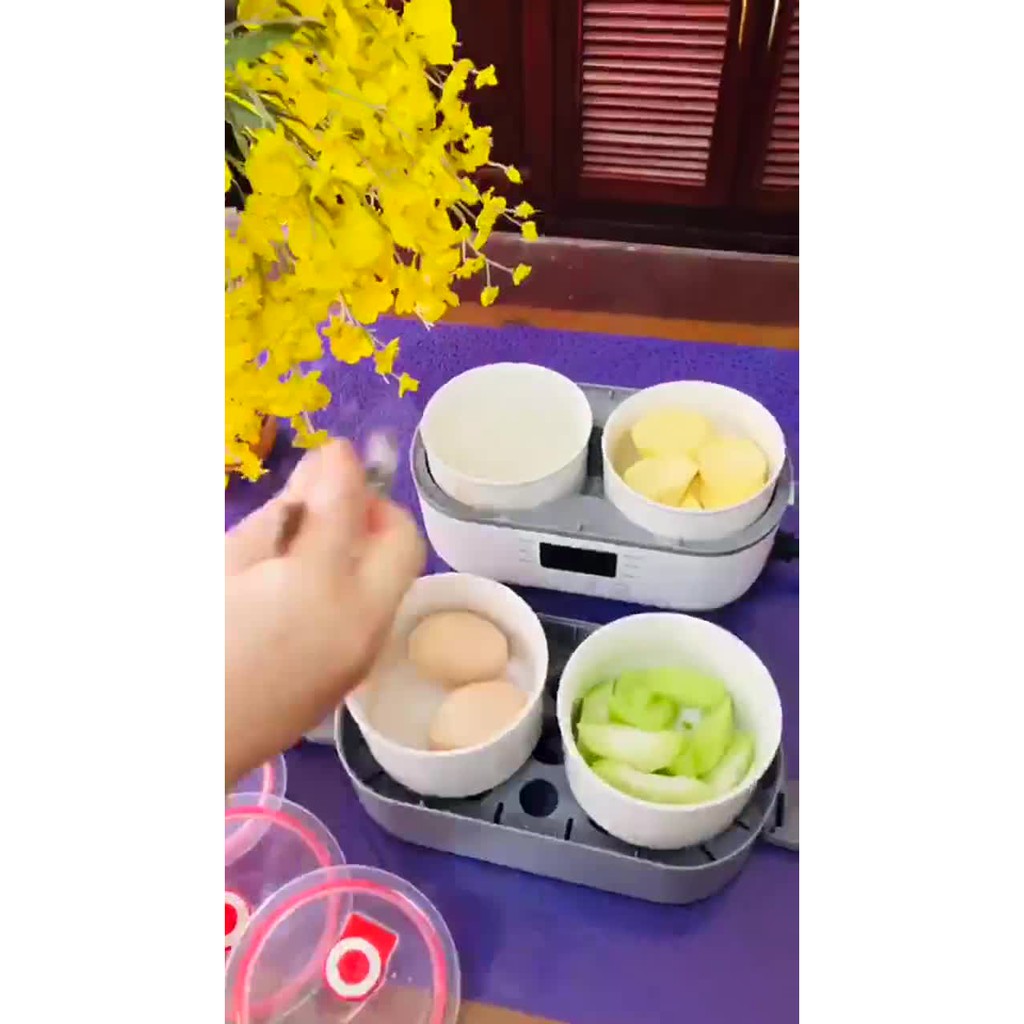 Hộp Cơm Cắm Điện 2 Tầng Ruột Sứ Song Anh 3 Trong 1 Nấu Hấp Luộc Hâm Nóng Thức Ăn - Hàng Loại 1