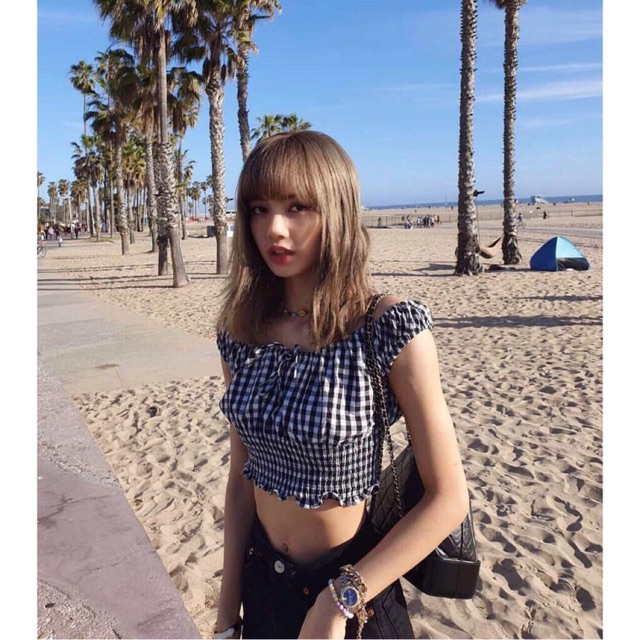 Áo croptop kẻ caro đen trắng giống Lisa