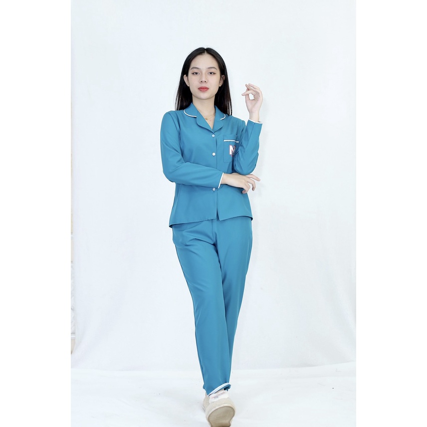 Bộ đồ bộ Pijama màu XANH LÔNG CÔNG NKK tay dài quần dài lụa Pháp - Thoải Mái Nhẹ Nhàng