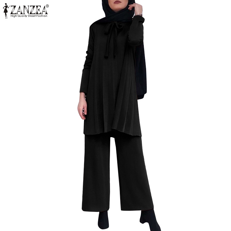 Bộ đồ hồi giáo ZANZEA gồm áo tay dài cổ buộc dây và quần ống rộng eo cao xếp ly thanh lịch cho nữ