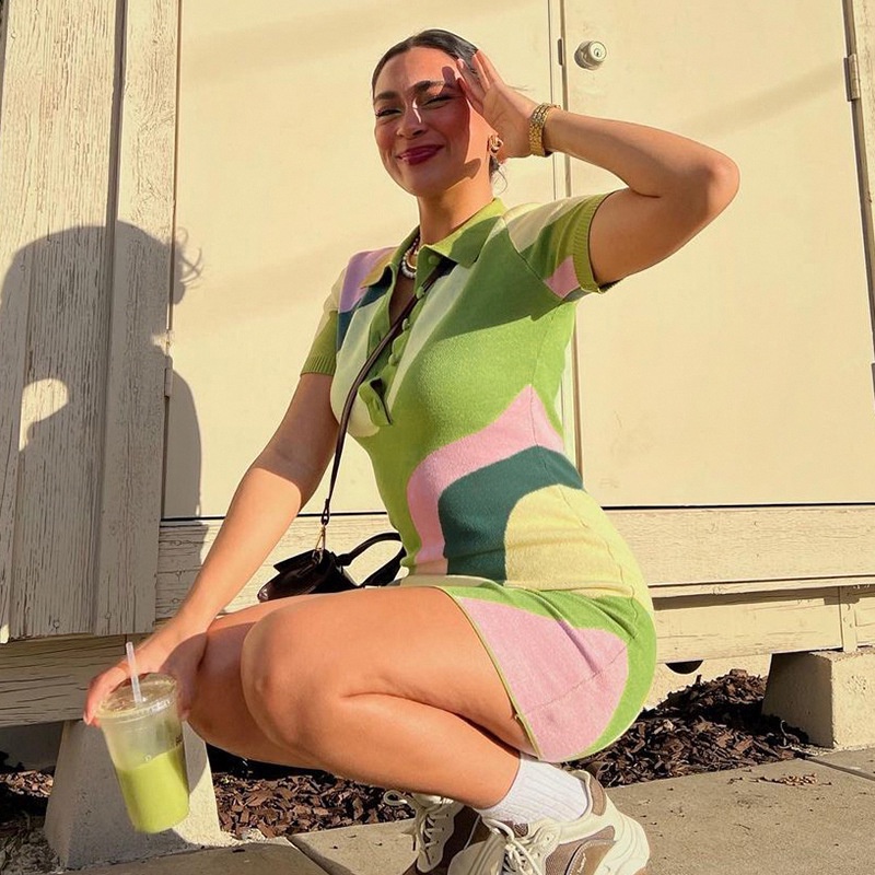 Đầm Dệt Kim Cổ Polo Phối Màu Thời Trang Cho Nữ