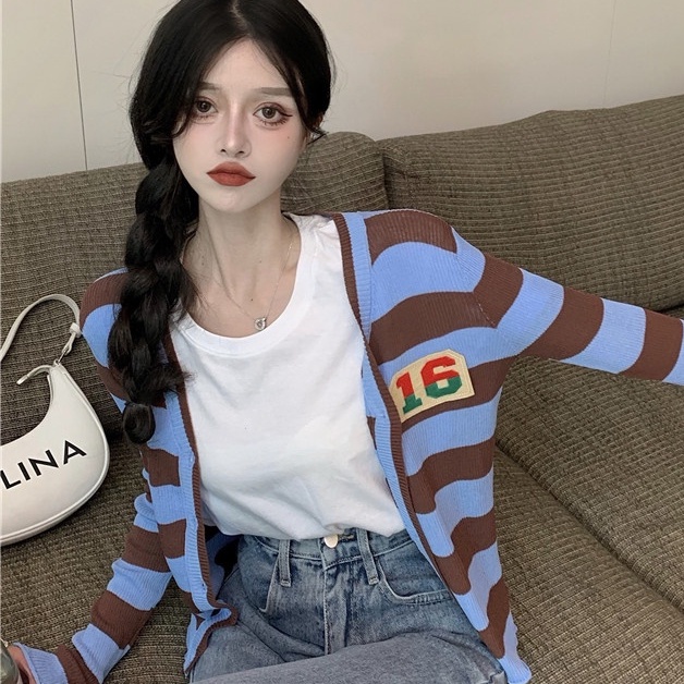 【ZHELIHANGFEI】Áo Khoác Cardigan Dệt Kim Tay Dài Cổ Chữ V Họa Tiết Kẻ Sọc Thời Trang