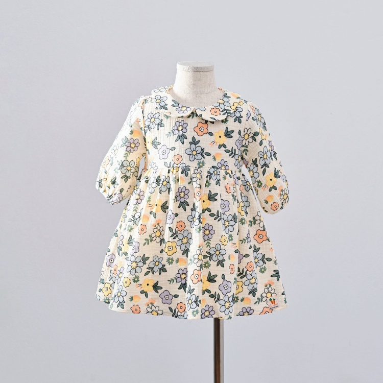 Váy Bé Gái Carrot Đầm Xòe Tay Lỡ Cổ Sen, Họa Tiết Hoa Xanh, Chất Xô Muslin Mềm, Thoáng Mát