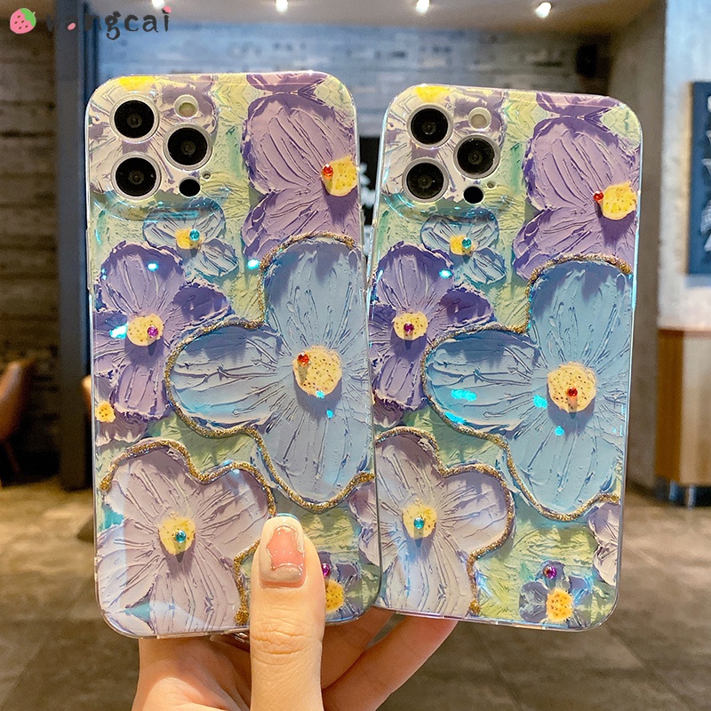 Ốp Điện Thoại Mềm Hình Hoa Màu Xanh Dương Lấp Lánh Cho iPhone 13 12 11 Pro Max XS Max XR X 7 8 6 6s Plus