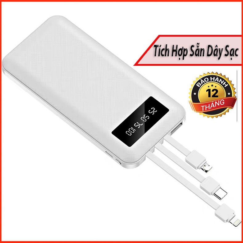 Sạc dự phòng Tích Hợp 3 Dây Sạc 4 cổng ra - Q-Power 10,000mAh3,7v Li-Polymer - Đèn báo % Pin