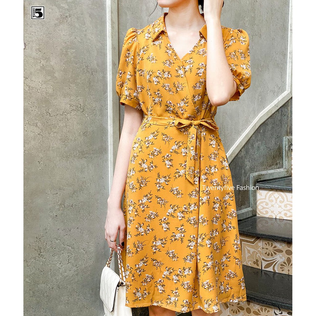 Đầm cổ V chân cổ đức chân váy ly lật tay bo bồng Twentyfive T256