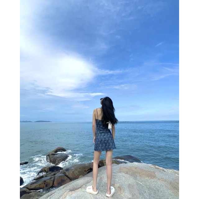 Đầm Thun Hai Dây Caro Xanh Đen Siêu Hack Dáng