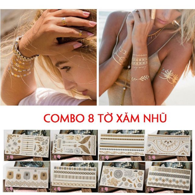 (Hàng có sẵn) Combo 8 hình xăm dán nhũ ánh kim flashtatoo phong cách henna đi chơi đi biển đẹp siêu cute giá rẻ