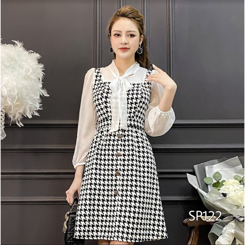 Váy công sở kẻ cổ nơ, váy xòe chiết eo tôn dáng siêu xinh SP122 | BigBuy360 - bigbuy360.vn