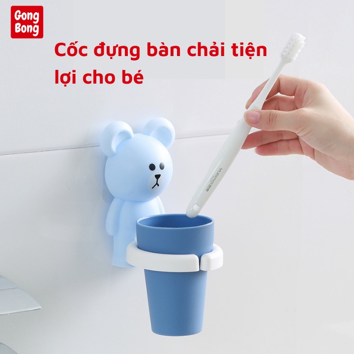 Bộ cốc cho bé để bàn chải đánh răng có giá đỡ dán tường hình chú gấu cute