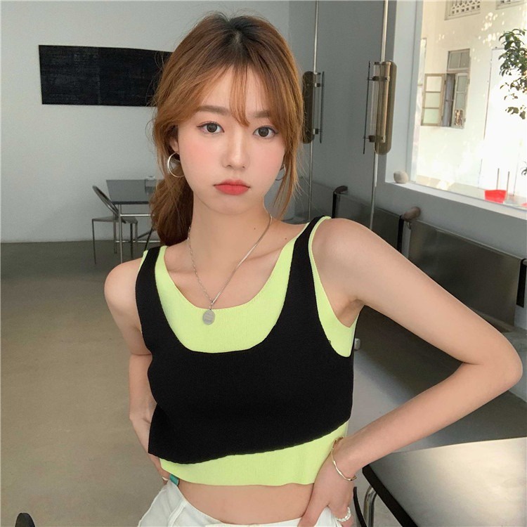 【ZHELIHANGFEI】 / Áo Dệt Kim Sát Nách Giả Hai Mảnh Màu Sắc Phù Hợp Với Nhiều Phong Cách