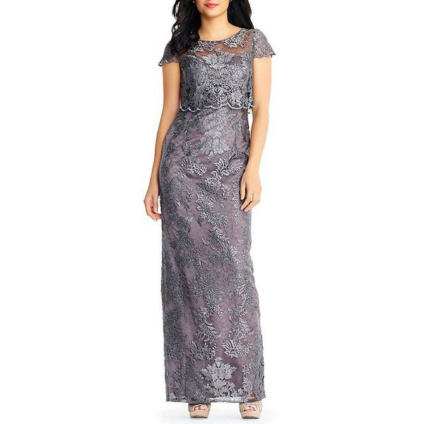 Đầm dạ hội Adrianna Papell ren xám thêu hoa xẻ tà phối tay con sang trọng AP1E201453 ( TH8862 )