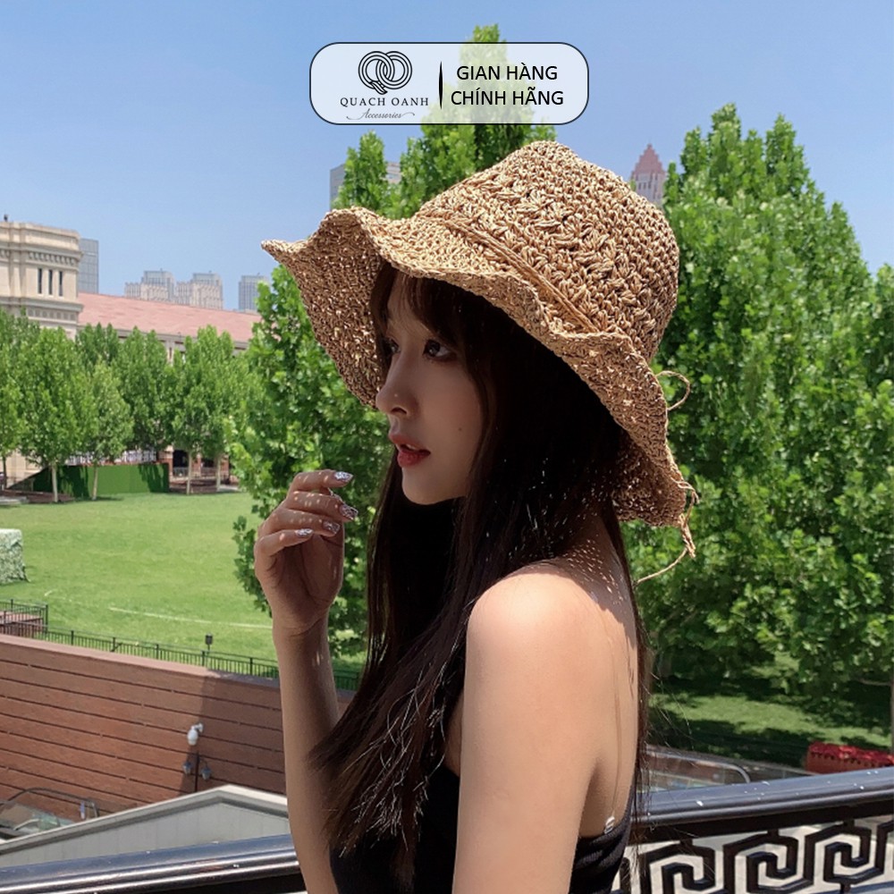 Mũ nón cói QO ACCESSORIES vành rộng dây nơ kiểu đan độc đáo đi biển mùa hè MU41