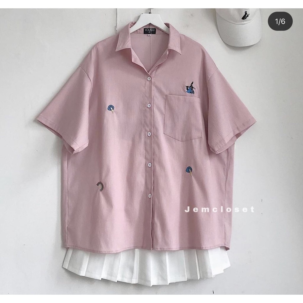 Áo Sơ Mi Nữ Tay Ngắn Thêu Họa Tiết Nhí Đáng Yêu BALE Gồm 3 Màu Trắng - Đen - Hồng - 10038 ( Jem Closet )