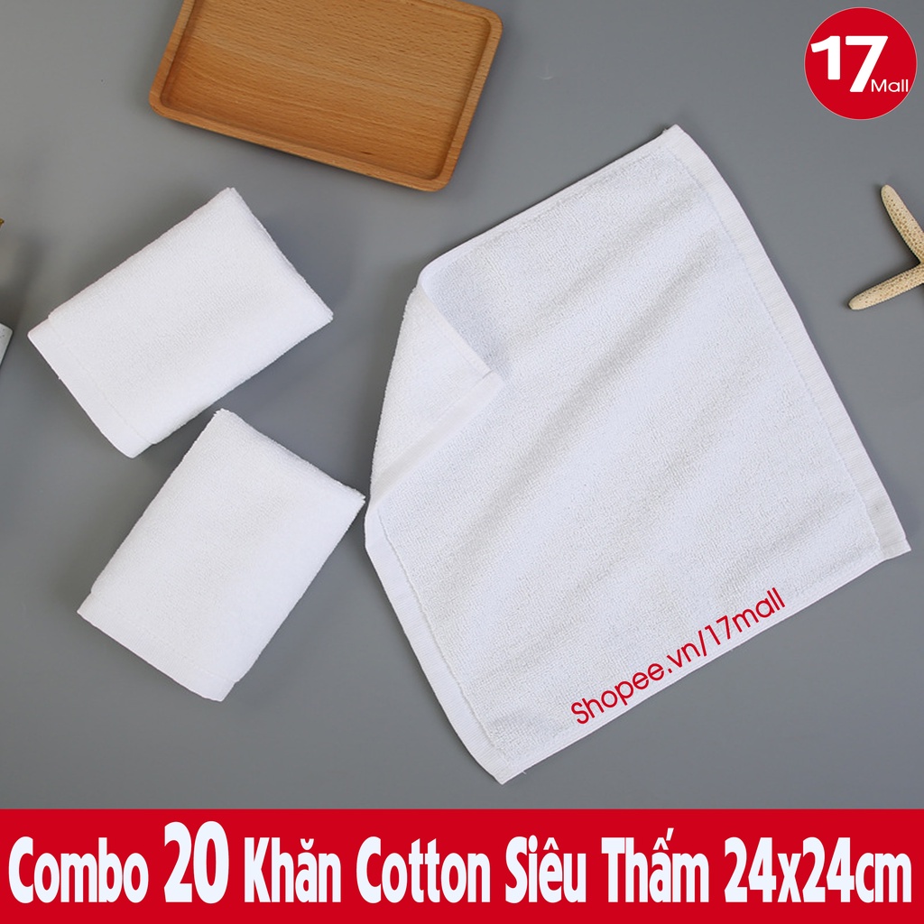 Combo 20 khăn trắng cotton 24x24 đa năng, khăn vuông lau bếp, xe ô tô, lau quán ăn, bệnh viện, spa, nail, trường học