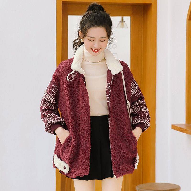 Áo khoác nữ lông cừu kẻ sọc tay kiểu ngắn học sinh