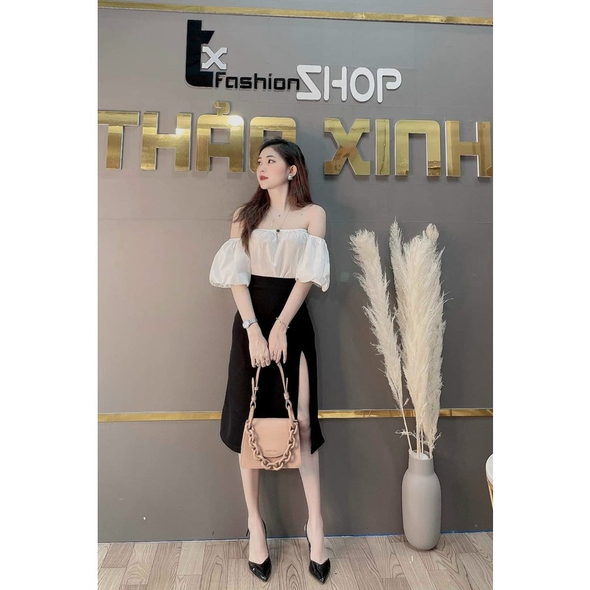 Set bộ đồ nữ áo tay phồng trễ vai kèm chân váy xẻ tà xinh xắn