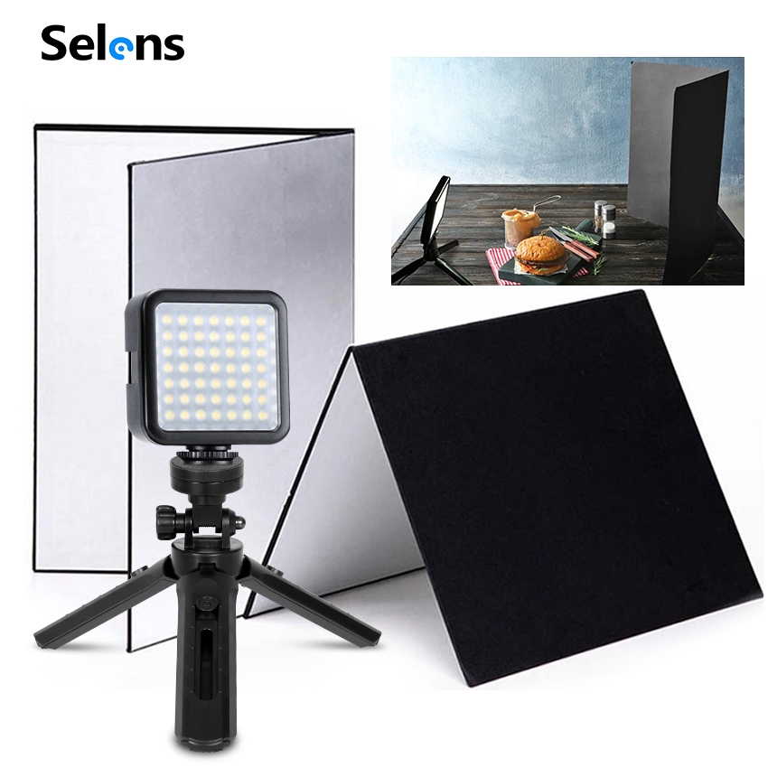 Bộ sản phẩm gồm đèn 49Led và bảng Tán Ánh Sáng kèm chân Tripod Selens Dùng Chụp Tĩnh Vật
