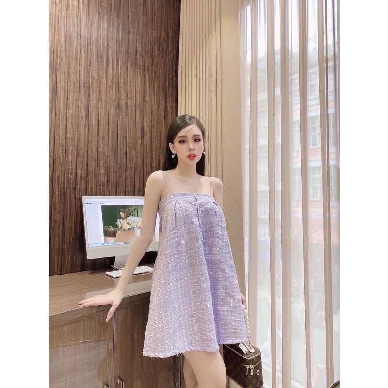 Đầm dạ suông 2 dây phối nút