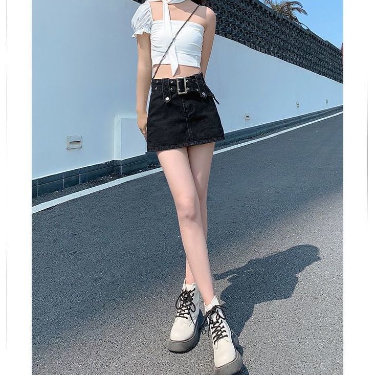 Jiashucheng Chân Váy Denim Ngắn Dáng Chữ a Lưng Cao Thời Trang Cho Nữ