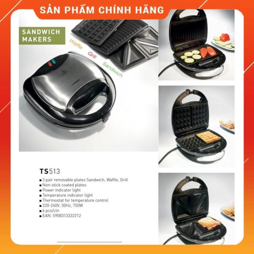 [7 ngày Lỗi 1 đổi 1] Máy nướng bánh mỳ sandwich Tiross 3 trong 1 TS513 | TS514 | TS9655 | TS965 | TS9653 (Chính hãng)