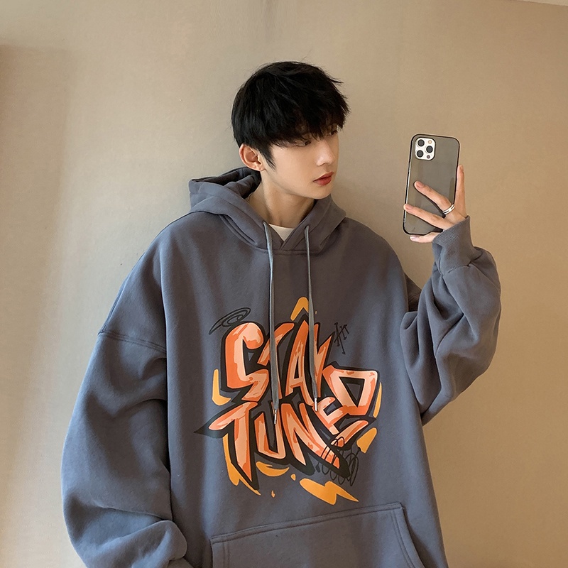 Áo hoodie tay dài dáng rộng in chữ phong cách thời trang unisex