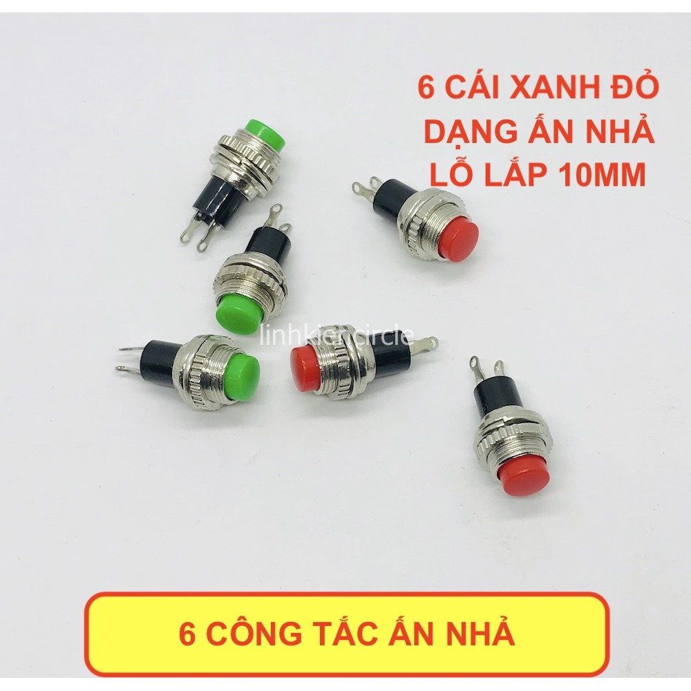 6 công tắc ấn nhả xanh đỏ DS-314 dạng ấn thường mỏ tự trả lại lỗ lắp 10mm - LK0257