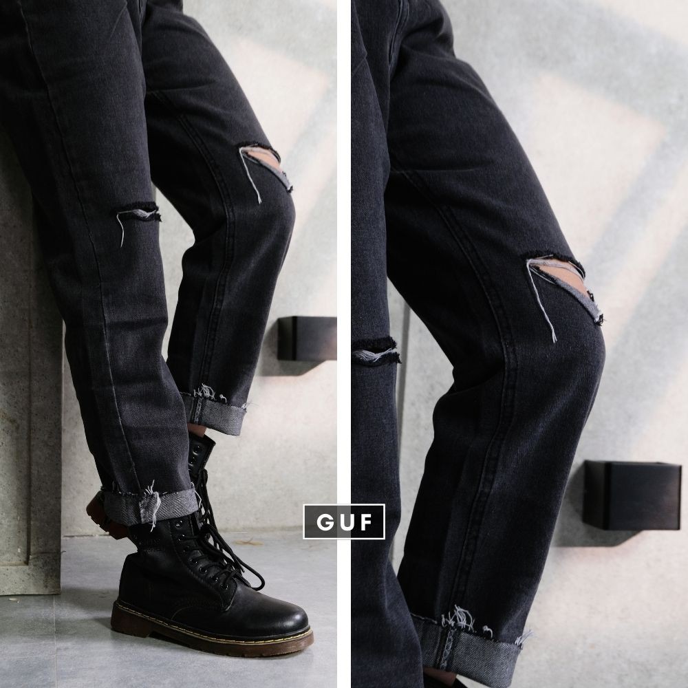 Quần Jean Nữ Dáng Baggy Rách Gấu Cạp Cao Màu Đen Xám Khói Ôm Eo GUF | BigBuy360 - bigbuy360.vn