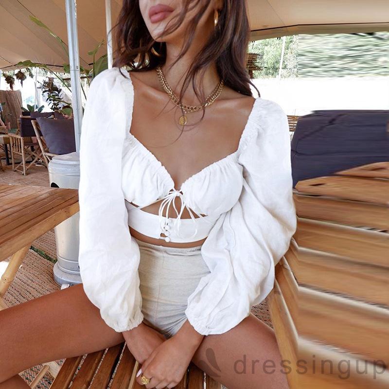Áo croptop thiết kế dây buộc trước ngực tay dài form ôm tôn dáng gợi cảm