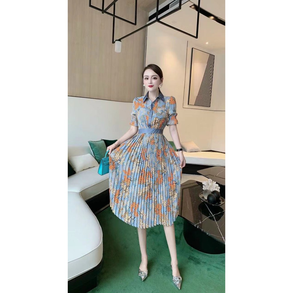 ĐẦM XÒE SƠ MI LỤA XANH HOA NHÍ DẬP LY CAO CẤP - LCT322535 - HÀNG QUẢNG CHÂU