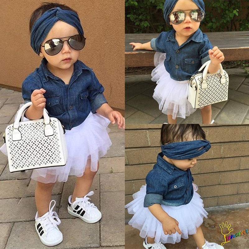 ❤XZQ-Casual Kids Baby Girls Denim Tops Shirt+Tutu Skirts Cake Dress 3pcs Outfits Set
