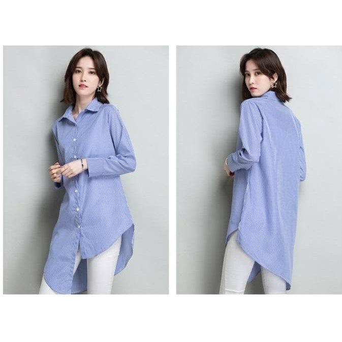 Đầm sơ mi công sở sọc kẻ cổ bẻ đầm lệch tà chất mặc mát Da96