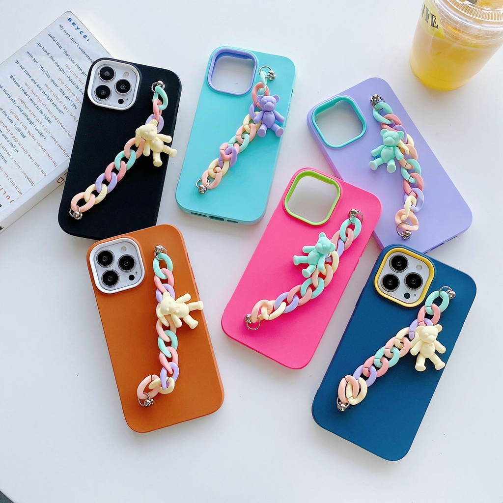 Samsung A52 A52S A02 A12 A32 A50 A50S A30S A02S A03S A10S A20S A72 M12 M02 Bear Bracelet Silicon Shockproof Soft Case 3 in 1 Candy Phone Cover